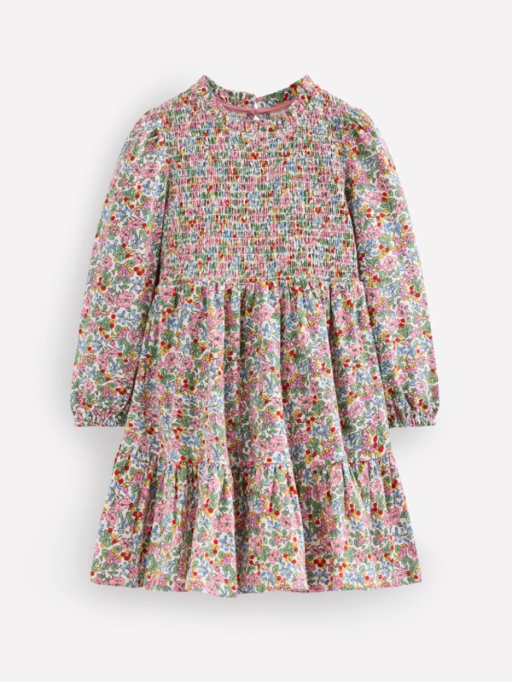 Mini Boden - Pink Berry Floral Aurora Smocked Long Sleeve Dress, Size 8-9y